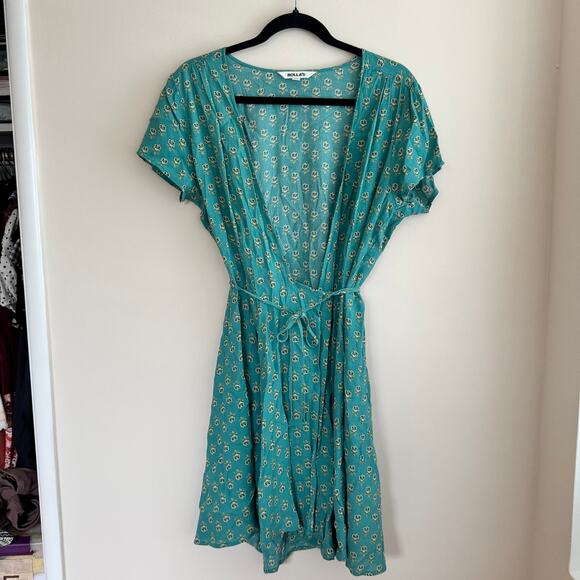 Rolla's Cleo Emmy Lou Wrap Dress Teal Blue Floral Self-Tie Short Sleeve Sz L - Picture 1 of 8